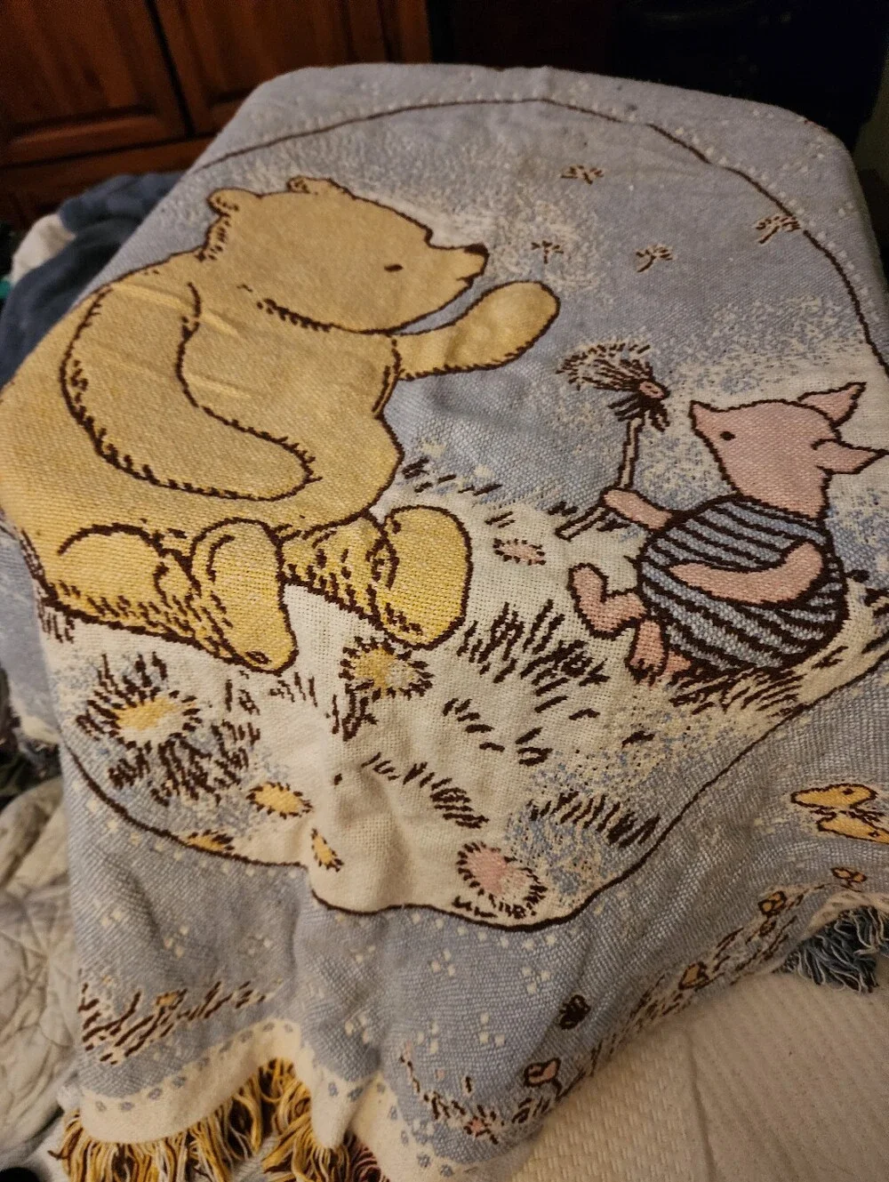 Vintage Classic Winnie the Pooh & Piglet Throw Blanket - Blue and Yellow